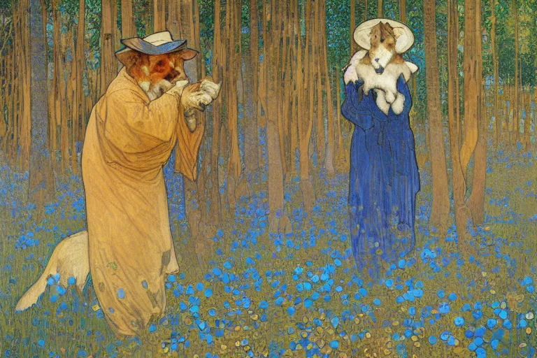 Image similar to landscape art nouveau painting of an old man dressed as a farmer and his fox in the forest, by alphonse mucha and gustav klimt and antoni gaudi, masterpiece,, warm shades of blue, silver, orange, gold, and pink, oil painting, high resolution, very detailed, oil on canvas