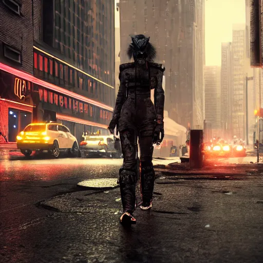 Image similar to a grungy cyborg kitten walks in NYC street in a rainy day among other people, led lights around the place, digital painting, ultra detailed, unreal engine 5,