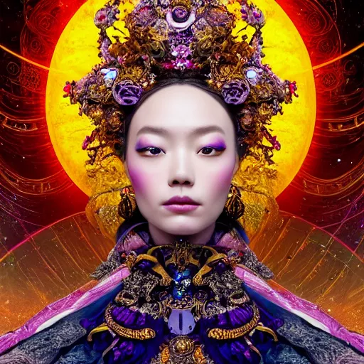 Image similar to a beautiful empress portrait, with a brilliant, impossible striking big cosmic galaxy headpiece, clothes entirely made out of cosmos chaos energy, symmetrical, dramatic studio lighting, rococo, baroque, jewels, asian, hyperrealism, closeup, D&D, fantasy, intricate, elegant, highly detailed, digital painting, artstation, octane render, 8k, concept art, matte, sharp focus, illustration, art by Artgerm and Greg Rutkowski and Alphonse Mucha