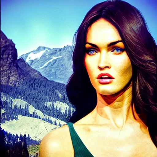 Image similar to double - exposure effect of megan fox face in beautiful mountains, in the style of dan mountford, amazing detail