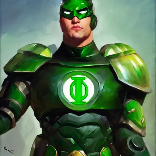 Image similar to greg manchess portrait painting of armored green lantern as overwatch character, medium shot, asymmetrical, profile picture, organic painting, sunny day, matte painting, bold shapes, hard edges, street art, trending on artstation, by huang guangjian and gil elvgren and sachin teng