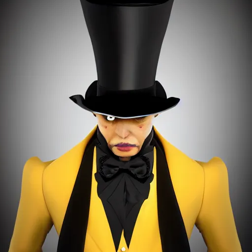 Image similar to a highly detailed portrait of a man in a high top hat covering his face, in a black tailcoat with a yellow waistcoat under the tailcoat, artstation, deviantart, professional, unreal engine 5, photorealistic