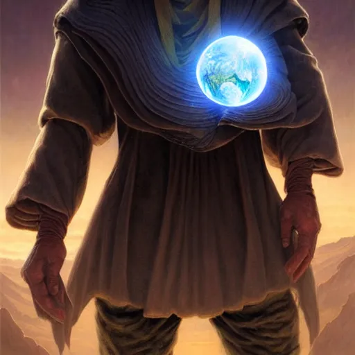 Image similar to masked nomad male wearing a cloak on an alien world and holding a holographic planet projection in his hand, detailed, sci - fi, digital painting, artstation, sharp focus, illustration, ominous, artgerm, tomasz alen kopera, peter mohrbacher, donato giancola, joseph christian leyendecker, wlop, frank frazetta