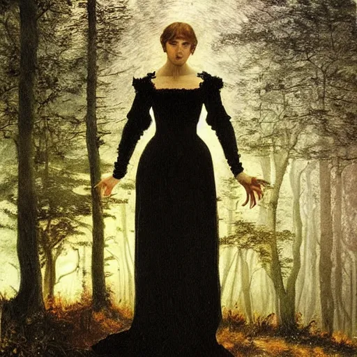 Image similar to A beautiful victorian woman, night, gothic dress, flowing hair, oil painting, portrait, magical forest, , glow, dramatic lighting, dramatic light, masterpiece, high detail, long shadow, amazing composition, detailed, painted by Caspar David Friedrich