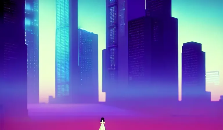 Prompt: a beautiful and immaculate futuristic city. the silhouette of a stylish beautiful sean young as rachel standing in an alleyway. vaporwave ombre rendering. outrun style. trending on artstation. recommended for you behance. by chris moore. by edward hopper. beeple colors. ambient occlusion. digital matte painting. metropolis filmic. gotham city.