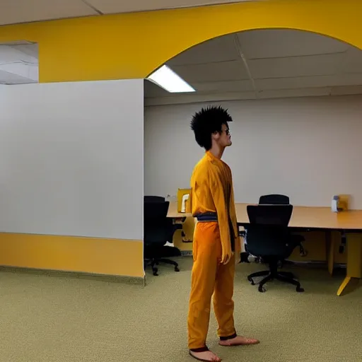 Image similar to low quality photo of real life version of son goku in the backrooms, mono - yellow old moist carpet randomly connected infinite empty office space yellow colors warm light scary