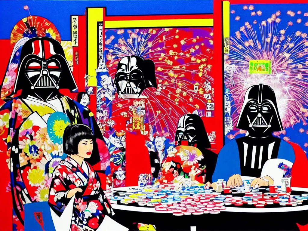 Prompt: hyperrealistic composition, in the middle the woman in a japanese kimono, behind her stands the darth vader, in front of her a table from the casino, in the background is mount fuji and fireworks, pop - art style, jacky tsai style, andy warhol style, acrylic on canvas