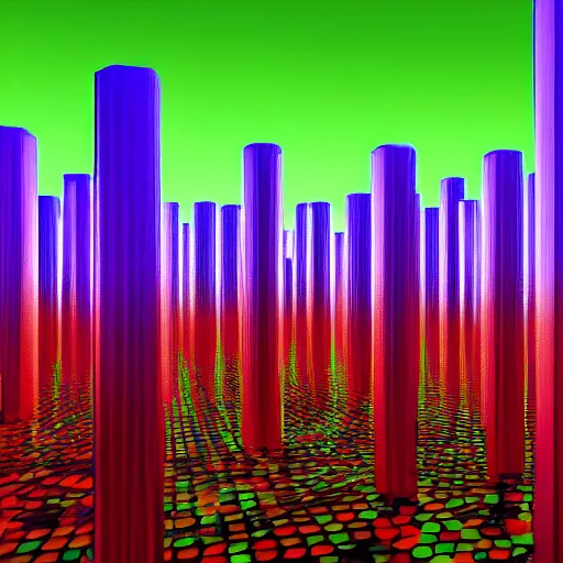 Image similar to a landscape of vertical hexagonal cylinders stretching to infinity, vaporwave, neon, raytraced, shiny, detailed, 4k