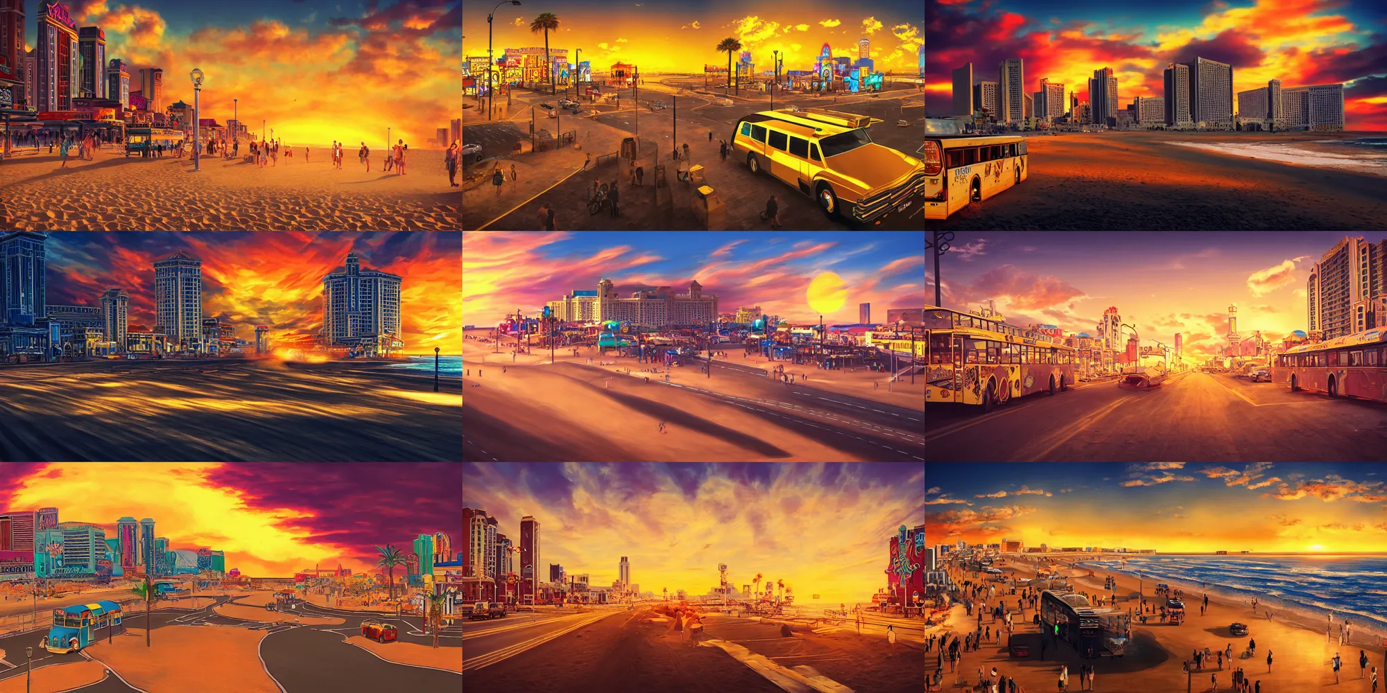 Prompt: atlantic city, gold sand, coast city bus, rumble on the promenade, money, sunset, dramatic, surreal, digital art trending on artstation,