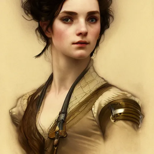 Prompt: portrait of a 1800s young female steampunk fighter, futuristic, headshot, hyper realistic, pale skin, 4k, rule of thirds, extreme detail, detailed drawing, trending artstation, hd, fantasy, D&D, realistic lighting, by Alphonse Mucha, Greg Rutkowski, sharp focus, backlit, elegant