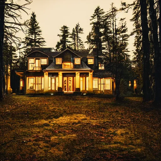 Image similar to luxury house, cinematic, filmic, photography, vignette, dark, 4 k, 8 k, ultra - hd, moody lighting, in the woods