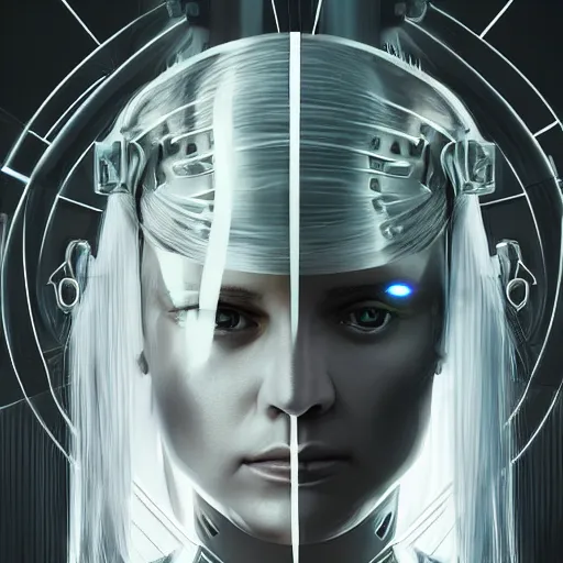 Image similar to full body shot of a very pretty blond borg queen on a borg ship, cybernetic implants, perfect face, symmetrical face, moody lighting, shallow depth of field, artstation trending,