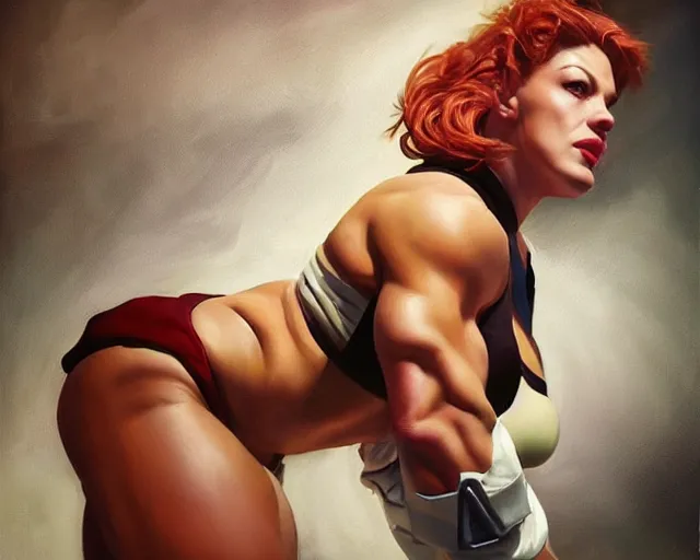 Image similar to greg manchess portrait painting of milla jovovich as beautiful thick female bodybuilder zarya from overwatch, medium shot, asymmetrical, profile picture, organic painting, sunny day, matte painting, bold shapes, hard edges, street art, trending on artstation, by huang guangjian and gil elvgren and sachin teng