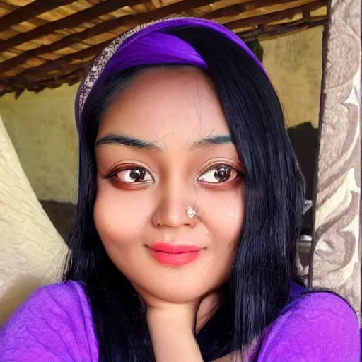 Image similar to zi di had a head of curvy black hair, and her wheat coloured skin glistened with sweat, giving her a delicate appearance. her features were defined, and she had a beautiful smile beyond the ordinary. the most attractive part of her was her big, purple eyes, shining like clear amethyst.