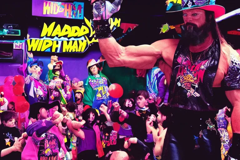 Image similar to macho man randy savage iwgp heavyweight champion at a birthday party at chuck e cheese, mid 9 0 s, gritty, ethereal details, cinematic lighting, hyper - detailed, maximalist, artstation, 8 k