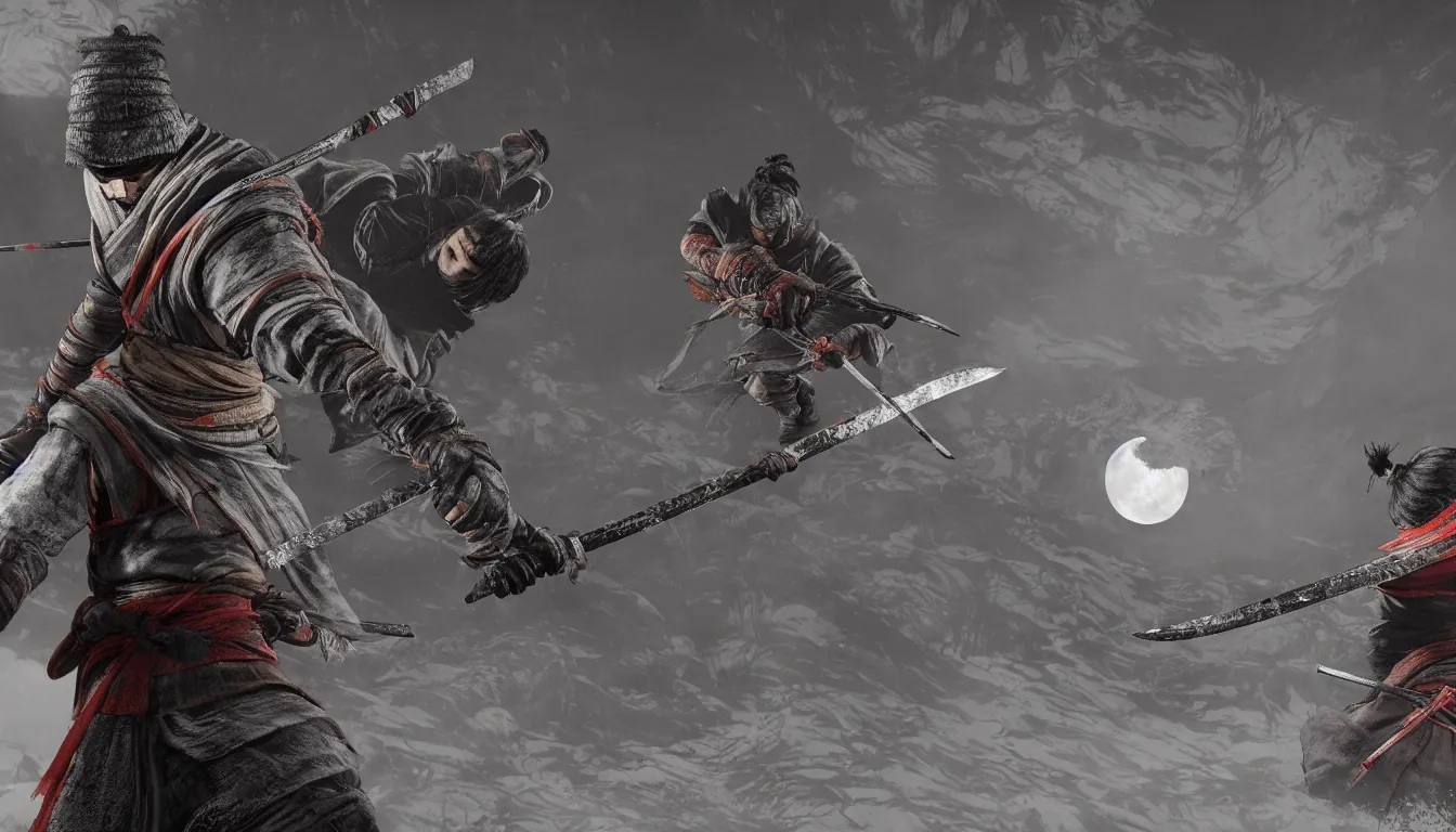 Prompt: A shinobi holding a sword, moon in the distance, in the style of sekiro shadows die twice, highly detailed, 8k