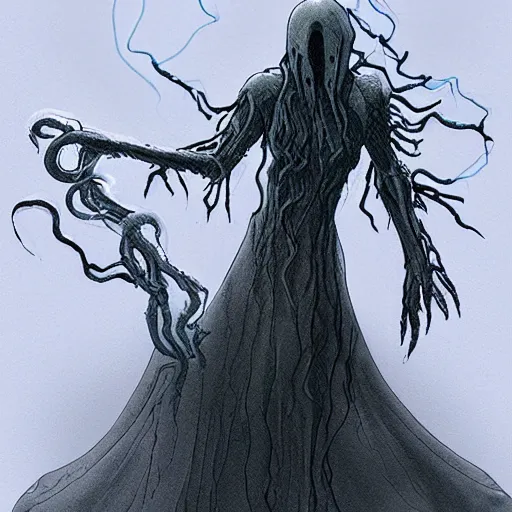 Image similar to concept designs for an ethereal ghostly wraith like figure with a squid like parasite latched onto its head and long tentacle arms that flow lazily but gracefully at its sides like a cloak while it floats around a frozen rocky tundra in the snow searching for lost souls and that hides amongst the shadows in the trees, this character has hydrokinesis and electrokinesis for the resident evil village video game franchise with inspiration from the franchise Bloodborne and the mind flayer from stranger things on netflix