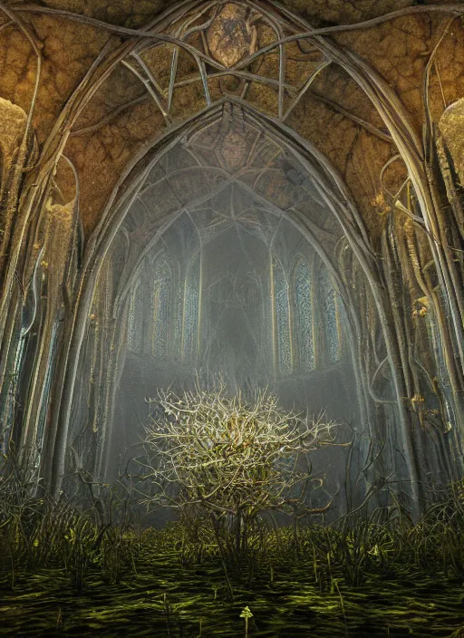 Image similar to mycelium growing into a cathedral in magical forest, 3 d render in octane, glossy, fractals, beautiful lighting, fog, depth, under water, ernst haeckel