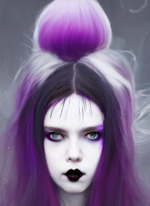 Image similar to portrait of white teenage girl, normal face, white bangs, mall goth, cyberlox, black and white hair, bangs, fluffy bangs, red contact lenses, purple lipstick, intricate, elegant, highly detailed, digital painting, artstation, concept art, sharp focus, smooth, illustration, art by wlop, mars ravelo and greg rutkowski