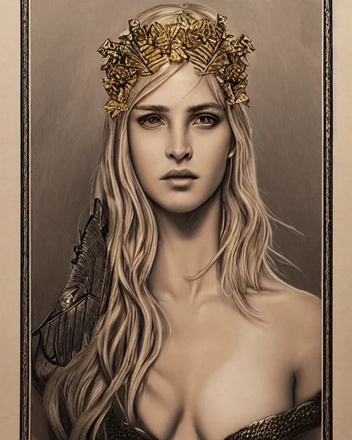 Image similar to beautiful aphrodite greek goddess wearing a golden laurel wreath and arrowhead earrings, hyper - realistic pencil drawing, beautiful piercing eyes with sharp pupils, beautiful blonde hair, in the style of greg rutkowski, fantasy, amazing detail, epic, elegant, smooth, sharp focus