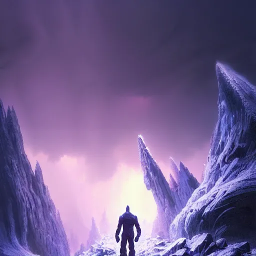 Prompt: thanos climbing a mountain, extreme cold, storm, octane rendering, volumetric lightning, hyperrealism, no blur, 4 k resolution, ultra detailed, style of ivan shishkin, tyler edlin, anato finnstark