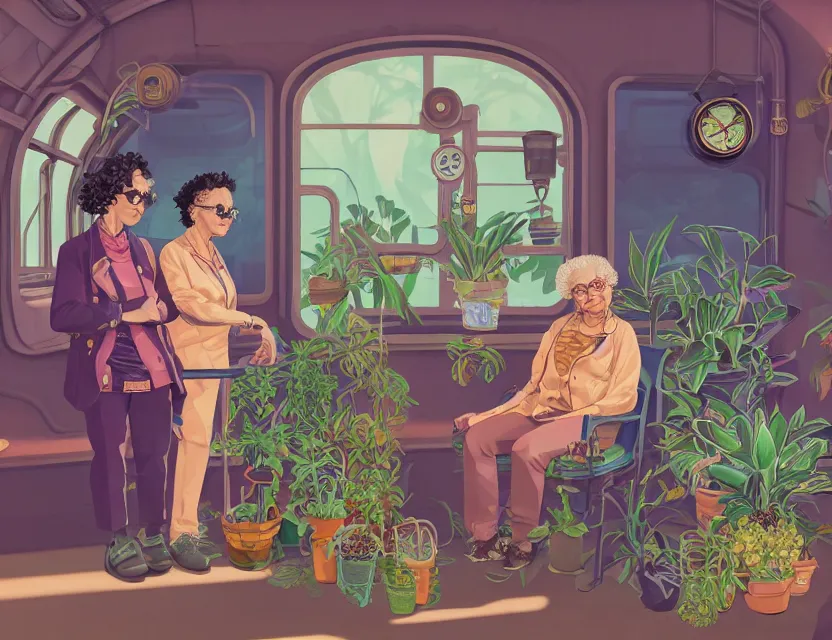 Prompt: elderly lesbian multiracial couple in steampunk vaporwave train with potted plants. complementary colors, gouache, indie concept art, bloom, chiaroscuro, backlighting, intricate details.