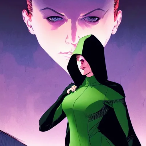 Prompt: Rafeal Albuquerque comic art, Joshua Middleton comic art, cinematics lighting, beautiful Anna Kendrick supervillain, green dress with a black hood, angry, symmetrical face, Symmetrical eyes, full body, flying in the air, night time, red mood in background