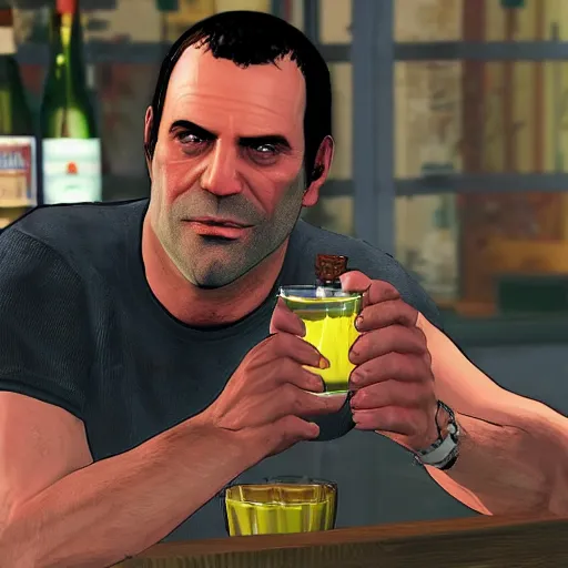 Image similar to michael from gta v drinking alcohol