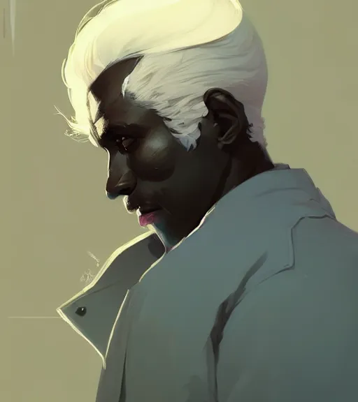 Prompt: portrait of a man, dark skin, white hair by atey ghailan, by greg rutkowski, by greg tocchini, by james gilleard, by joe fenton, by kaethe butcher, dynamic lighting, gradient light blue, brown, blonde cream and white color scheme, grunge aesthetic