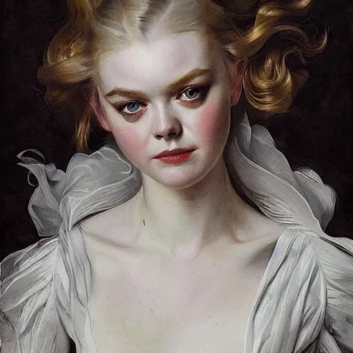 Image similar to elle fanning in prey picture by j. c. leyendecker and peter paul rubens, asymmetrical, dark vibes, realistic painting, organic painting, matte painting, geometric shapes, hard edges, graffiti, street art : 2 by j. c. leyendecker and peter paul rubens : 4