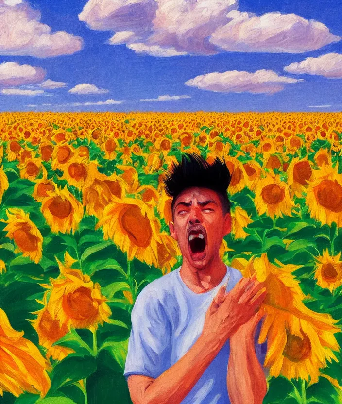 Prompt: a closeup portrait of a man in an orange prisoner overall, standing in beautiful sunflower field, screaming and sad, highly detailed, aesthetic clouds in the sky, in the style of edward hopper, very fine brush strokes, 4 k,