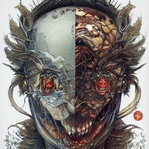 Image similar to portrait of crazy face tearing apart, symmetrical, by yoichi hatakenaka, masamune shirow, josan gonzales and dan mumford, ayami kojima, takato yamamoto, barclay shaw, karol bak, yukito kishiro