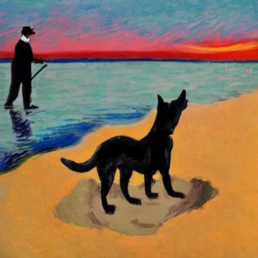 Image similar to a fauvist painting of a man and a black dog digging a hole on a danish beach at sunset