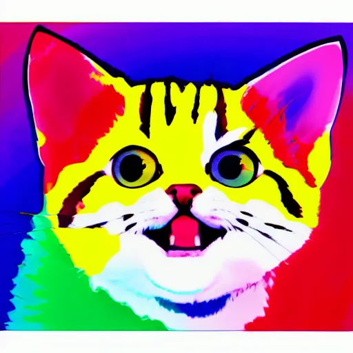 Prompt: rainbow excited smiling kitten. pop art