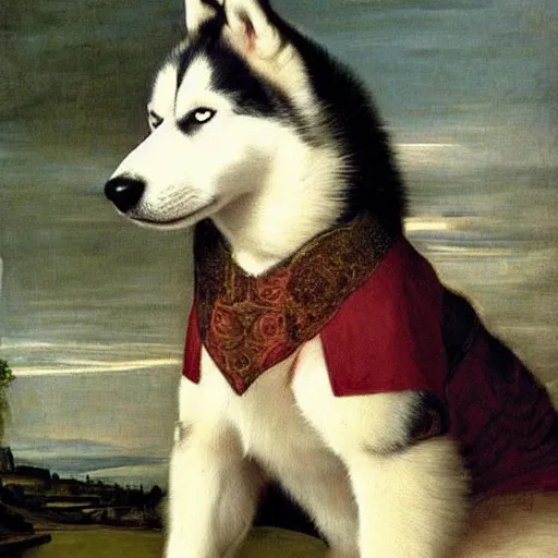 Image similar to a Husky dog sitting wearing a royal suit, renaissance painting, high quality, high detail, portait