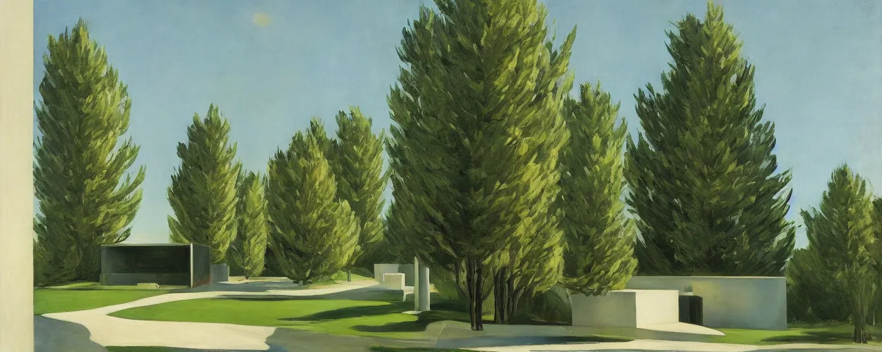 Image similar to futuristic brutalist apartments with trees and plants, edward hopper