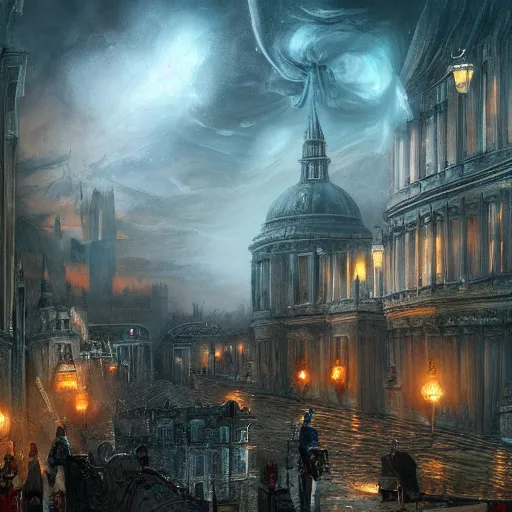 Prompt: 1850's London, dreamscape, dramatic lighting, fantasy art illustration, trending on artstation, Aetherpunk
