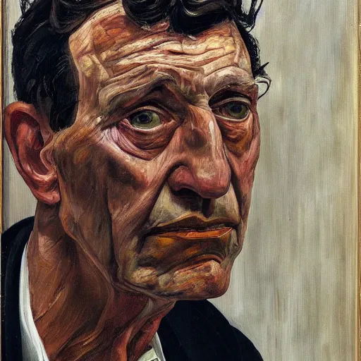 Prompt: Oil painting Portrait of a sad Man, by Lucian Freud, Abstract brush strokes, Masterpiece