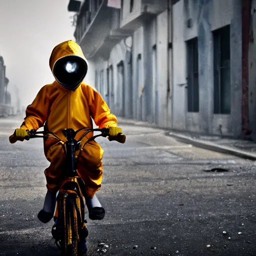 Prompt: a photo of a boy wearing a hazmat suit, riding a bike, side-view, smoke in the background, filthy streets, broken cars. Vines growing. Jpeg artifacts. Full-color photo. Color color color color color. Award-winning photo. Samyang/Rokinon Xeen 50mm T1.5