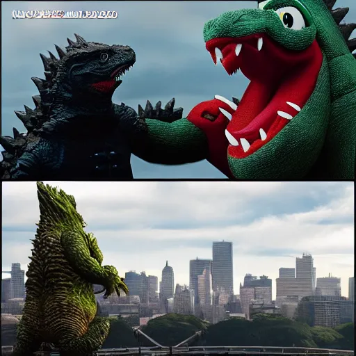 Prompt: godzilla vs yoshi in a city