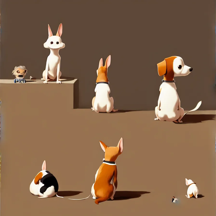 Image similar to Goro Fujita illustrating View from behind of a brown and white dog sitting, ears up and tail active, watching the living room window, art by Goro Fujita, sharp focus, highly detailed, ArtStation