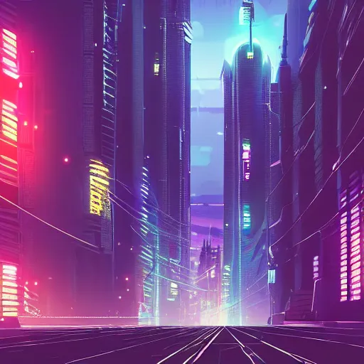 Prompt: digital painting of a city at night, cyberpunk art by Makoto Shinkai, pixiv, color field, anime aesthetic, vivid colors, colorful, trendy on behance hd