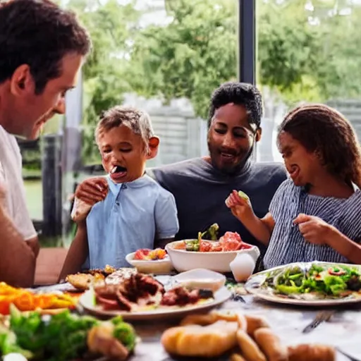 Prompt: a family sitting around the dinner table eating parts of a live cow