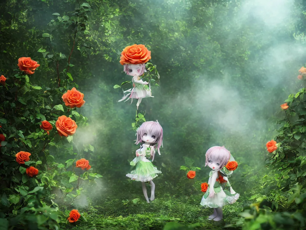 Image similar to cute fumo plush girl among vines in the middle of a lush rose garden, glowing gothic wraith plantgirl, tattered green dress, smoke and orange volumetric fog, blue sky sunshine, bokeh, vray