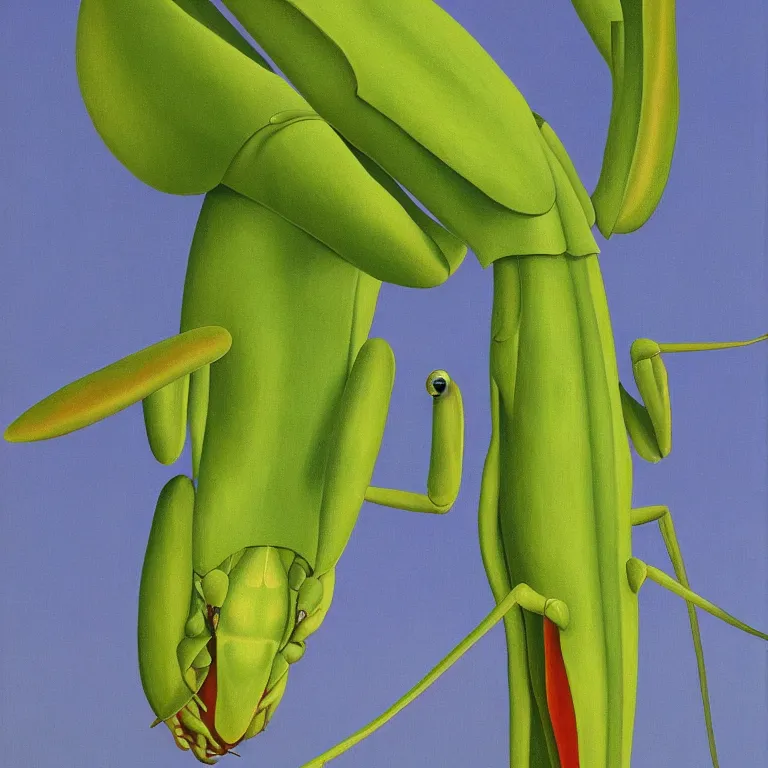 Image similar to praying mantis, by rene magritte, centered, detailed painting, hd, hq, high resolution, high detail, 4 k, 8 k