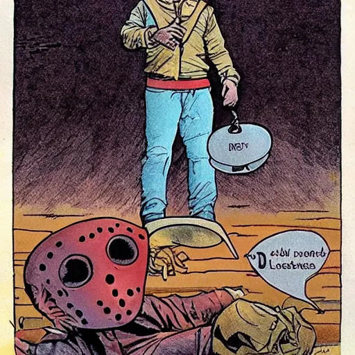 Image similar to jason voorhees being abducted by a flying saucer ufo