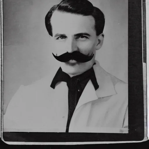 Prompt: newspaper photo from 40s of a slim medical doctor with a big mustache and sidecut topet