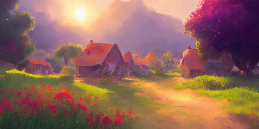 Prompt: colorful sylvain sarrailh illustration of a lonely summer village near the beach, brightly illuminated by rays of sun, wildflowers, artstation