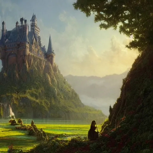 Prompt: beautiful matte art of a big castle in a serene landscape, a knight riding a dragon, by albert bierstadt, green grass, highly detailed, crystal lighting, mystical, forest, hyperrealistic, 4 k, unreal engine, magical, by joe fenton, by greg rutkowski, by greg tocchini, by kaws, by kate beaton, by kaethe butcher