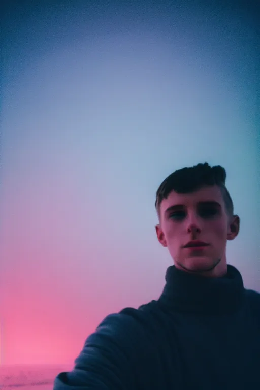 Prompt: high quality pastel coloured film mid angle selfie photograph of a young beautiful man standing in an icelandic black rock environment. atmospheric. three point light. photographic. art directed. ( pastel colours ). volumetric light. stark. waves glitch. 8 k. filmic.